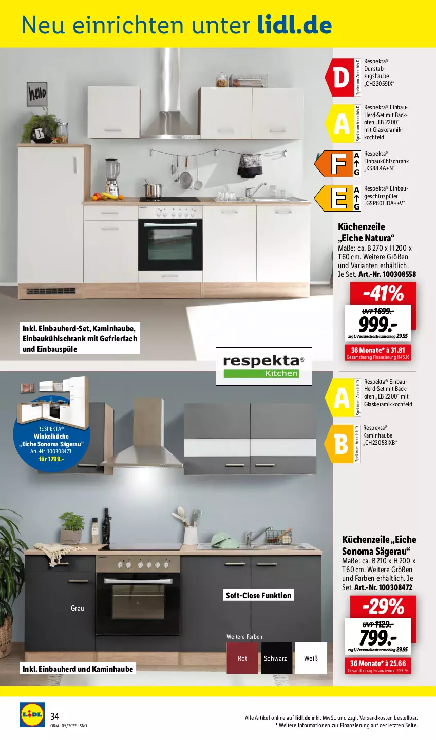 Aktueller Prospekt Lidl - Aktuelle Onlineshop-Highlights - von 01.05 bis 31.05.2022 - strona 34 - produkty: abzugshaube, backofen, Bau, dunstabzug, dunstabzugshaube, einbauherd, einbauherd-set, einbaukühlschrank, einbauspüle, gefrierfach, geschirr, geschirrspüler, glaskeramik, glaskeramikkochfeld, Kamin, kaminhaube, kochfeld, küche, Küchen, Küchenzeile, kühlschrank, kühlschrank mit, natur, natura, ndk, Ofen, respekta, Ria, rum, säge, Schrank, Spektrum, Ti, winkelküche, ZTE