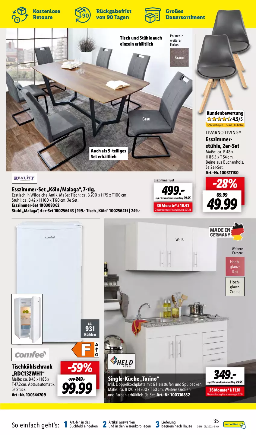 Aktueller Prospekt Lidl - Aktuelle Onlineshop-Highlights - von 01.05 bis 31.05.2022 - strona 35 - produkty: abtauautomatik, auer, auto, braun, buch, creme, esstisch, Esszimmer, hochglanz, Holz, HP, korb, küche, kühlschrank, latte, LG, livarno living, ndk, Schrank, Stühl, stuhl, Ti, tisch, Wild, wildeiche