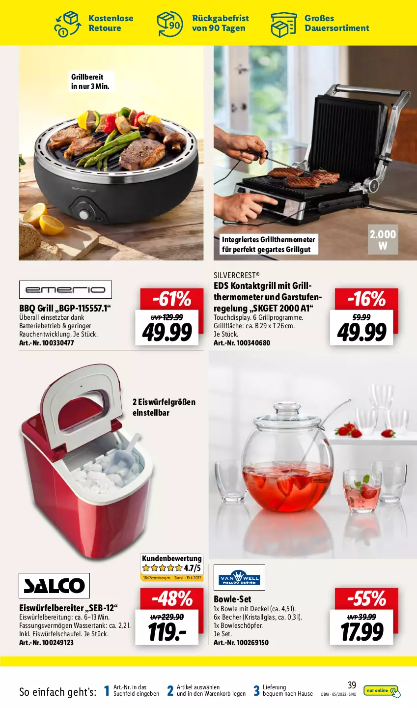 Aktueller Prospekt Lidl - Aktuelle Onlineshop-Highlights - von 01.05 bis 31.05.2022 - strona 39 - produkty: auer, batterie, Becher, bowle, decke, Deckel, eis, eiswürfel, eiswürfelbereiter, grill, grillfläche, kontaktgrill, korb, LG, Rauch, ring, silvercrest, thermometer, Ti, wasser, wassertank, WICK, würfel