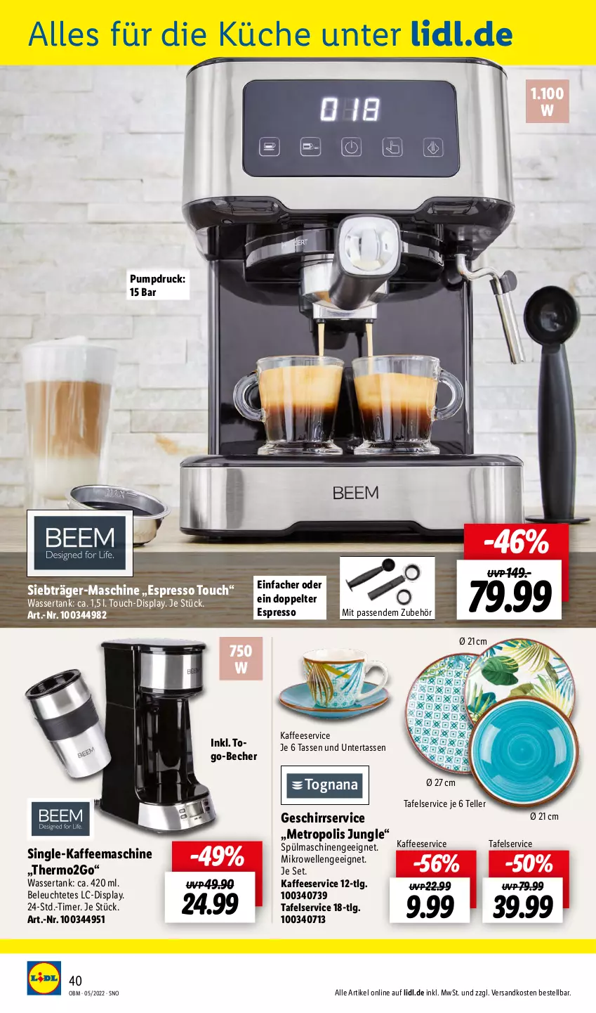 Aktueller Prospekt Lidl - Aktuelle Onlineshop-Highlights - von 01.05 bis 31.05.2022 - strona 40 - produkty: Becher, elle, espresso, geschirr, kaffee, kaffeemaschine, küche, Leuchte, LG, Metro, mikrowelle, ndk, spülmaschinen, tasse, teller, Ti, timer, wasser, wassertank