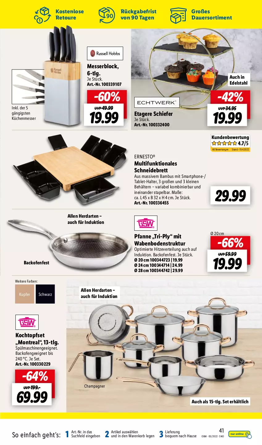 Aktueller Prospekt Lidl - Aktuelle Onlineshop-Highlights - von 01.05 bis 31.05.2022 - strona 41 - produkty: auer, backofen, bambus, Behälter, champagne, champagner, edelstahl, ernesto, Etagere, herdarten, Kochtopf, korb, küche, Küchen, leine, LG, messer, messerblock, Ofen, pfanne, Ria, schneidebrett, smartphone, spülmaschinen, tablet, Ti, topf, Topfset