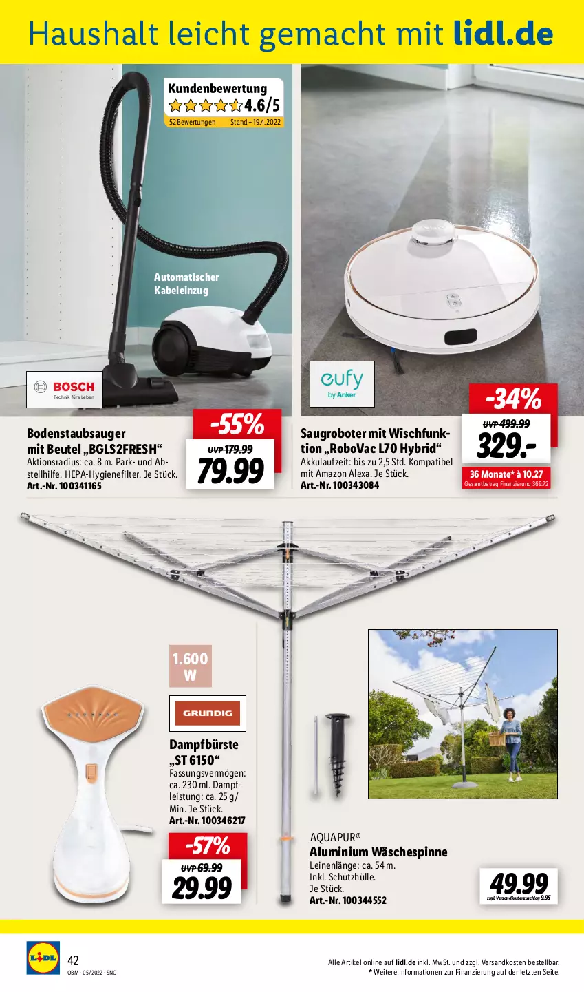 Aktueller Prospekt Lidl - Aktuelle Onlineshop-Highlights - von 01.05 bis 31.05.2022 - strona 42 - produkty: akku, alexa, amazon alexa, aqua, AquaPur, auto, beutel, bodenstaubsauger, bürste, eis, hygienefilter, leine, mac, ndk, Saugroboter, schutzhülle, staubsauger, Ti, tisch, wäschespinne, ZTE