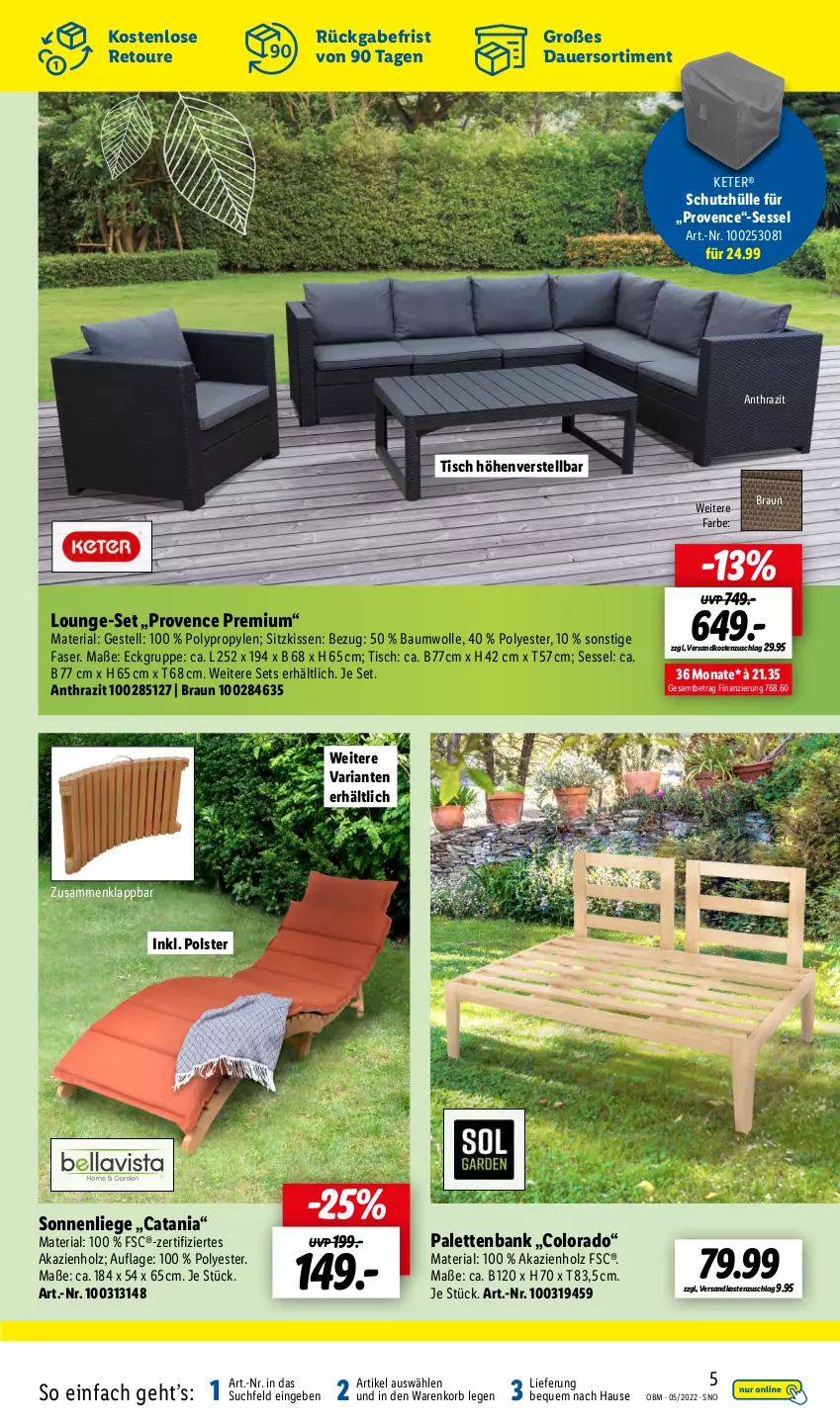 Aktueller Prospekt Lidl - Aktuelle Onlineshop-Highlights - von 01.05 bis 31.05.2022 - strona 5 - produkty: auer, Bank, Bau, baumwolle, braun, Holz, kissen, korb, Liege, lounge-set, ndk, Palette, Ria, schutzhülle, sessel, sitzkissen, sonnenliege, Ti, tisch, wolle