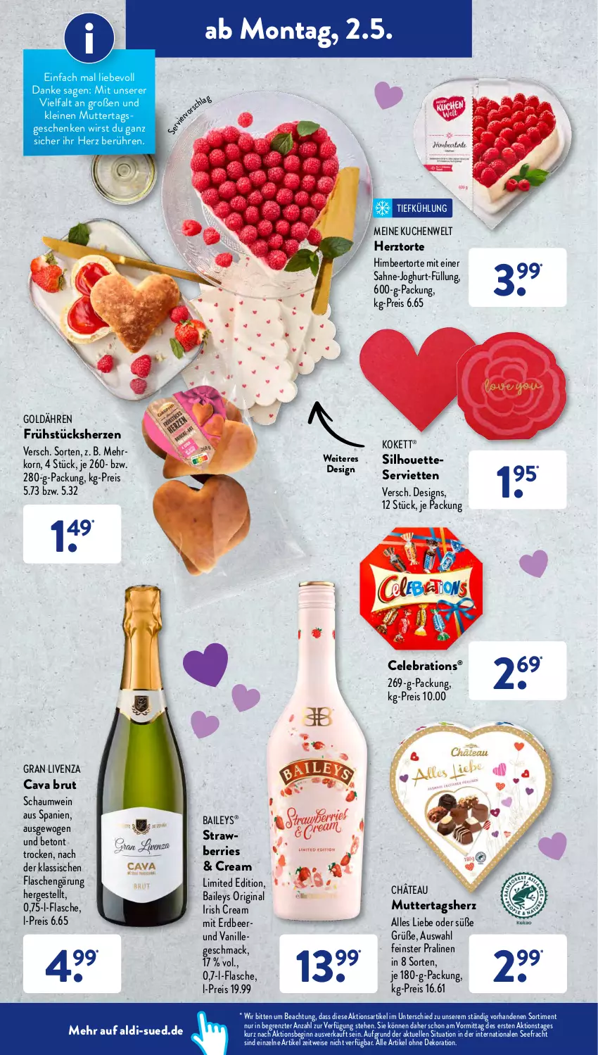 Aktueller Prospekt AldiSud - ALDI Aktuell - von 02.05 bis 05.05.2022 - strona 12 - produkty: aldi, alle artikel ohne dekoration, baileys, brut, Cava, dekoration, eis, elle, flasche, gin, himbeer, irish cream, joghur, joghurt, korn, kuchen, leine, mac, pralinen, reis, sahne, Serviette, servietten, Ti, torte, vanille, wein, ZTE