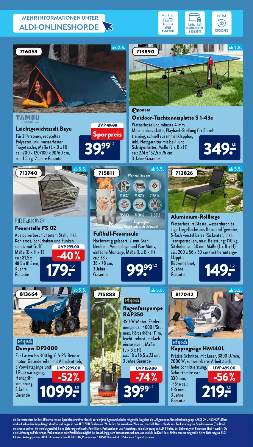 Aktueller Prospekt AldiSud - ALDI Aktuell - von 02.05 bis 05.05.2022 - strona 17 - produkty: aldi, angebot, angebote, auer, aust, ball, Bau, Bauer, Brei, eis, elle, ente, erde, Fußball, garnitur, hortensie, latte, LG, Liege, mam, Rauch, reifen, reis, rückenlehne, rwe, säge, Sitzhöhe, Sport, Tasche, Ti, tisch, tragetasche, wasser, Zelt