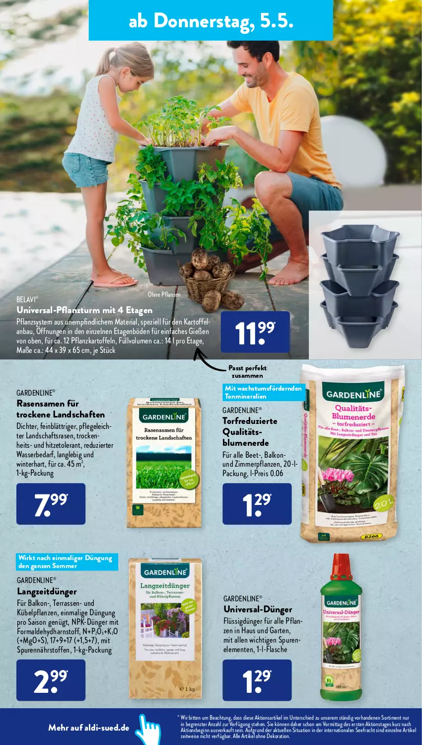 Aktueller Prospekt AldiSud - ALDI Aktuell - von 02.05 bis 05.05.2022 - strona 22 - produkty: aldi, alle artikel ohne dekoration, Bau, blume, blumen, blumenerde, dekoration, dünger, eis, Elan, elle, ente, erde, flasche, flüssigdünger, gardenline®, Garten, gin, K2, kartoffel, kartoffeln, kübelpflanzen, pflanze, pflanzen, Pflanzkartoffeln, rasen, rasensamen, reis, Ria, Spezi, Ti, wasser, ZTE