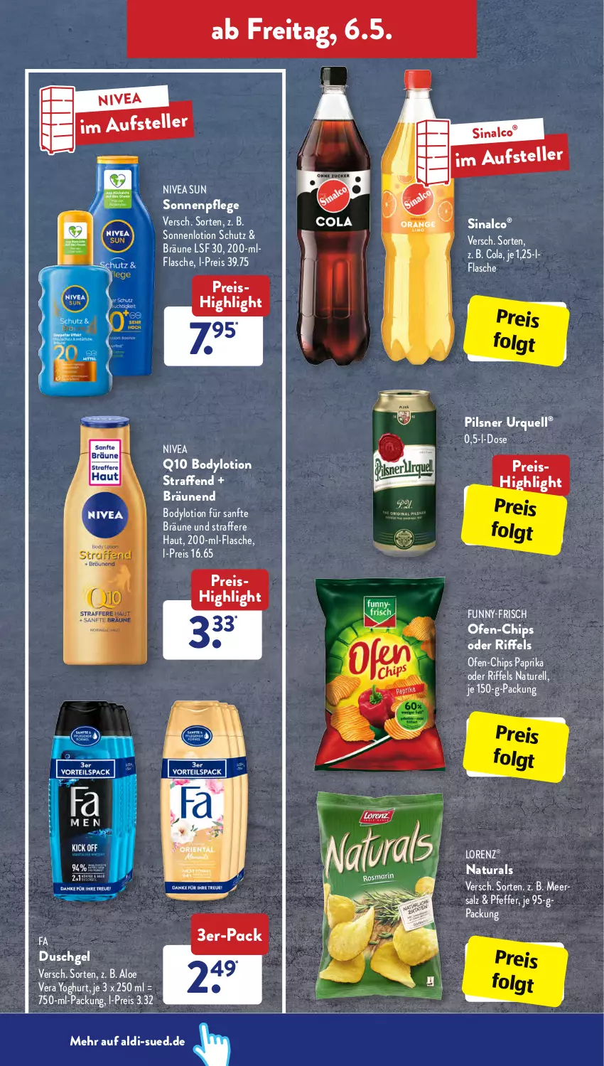 Aktueller Prospekt AldiSud - ALDI Aktuell - von 02.05 bis 05.05.2022 - strona 34 - produkty: aldi, aloe vera, bier, body, bodylotion, chips, cola, duschgel, eis, elle, fa duschgel, flasche, funny-frisch, LG, lorenz, Lotion, meersalz, natur, natura, nivea, nivea sun, Ofen, paprika, pfeffer, pils, pilsner, pilsner urquell, Q10, reis, rel, salz, sinalco, teller, Ti, Yo, yoghurt