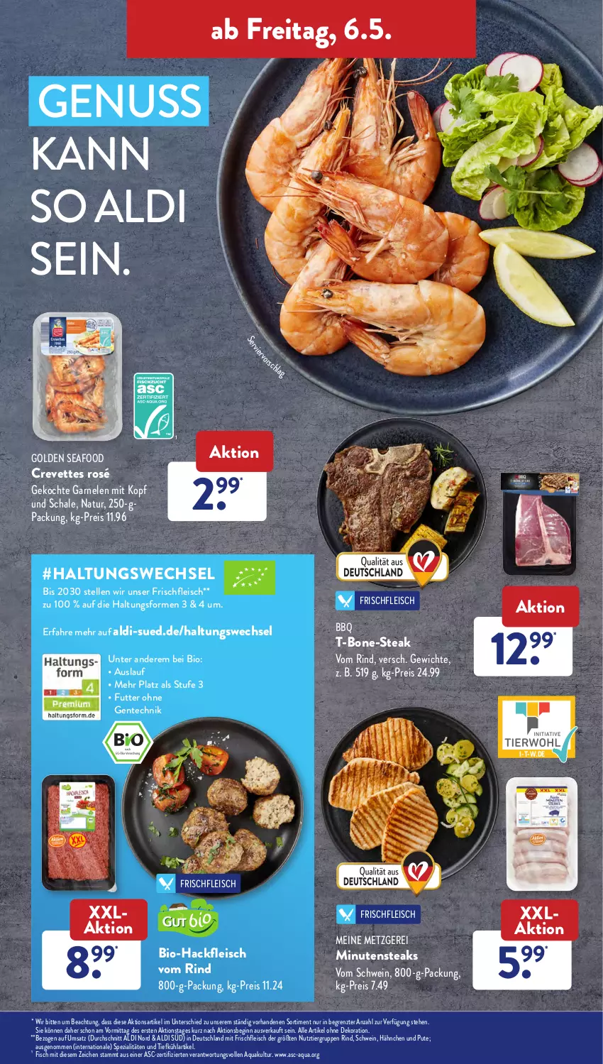 Aktueller Prospekt AldiSud - ALDI Aktuell - von 02.05 bis 05.05.2022 - strona 35 - produkty: aldi, alle artikel ohne dekoration, aqua, bier, bio, Bio-Hackfleisch, dekoration, eis, elle, ente, fisch, fleisch, garnelen, gin, gsw, hackfleisch, minutensteaks, natur, nuss, pute, reis, rind, Schal, Schale, schwein, Spezi, steak, steaks, Ti, wein, ZTE