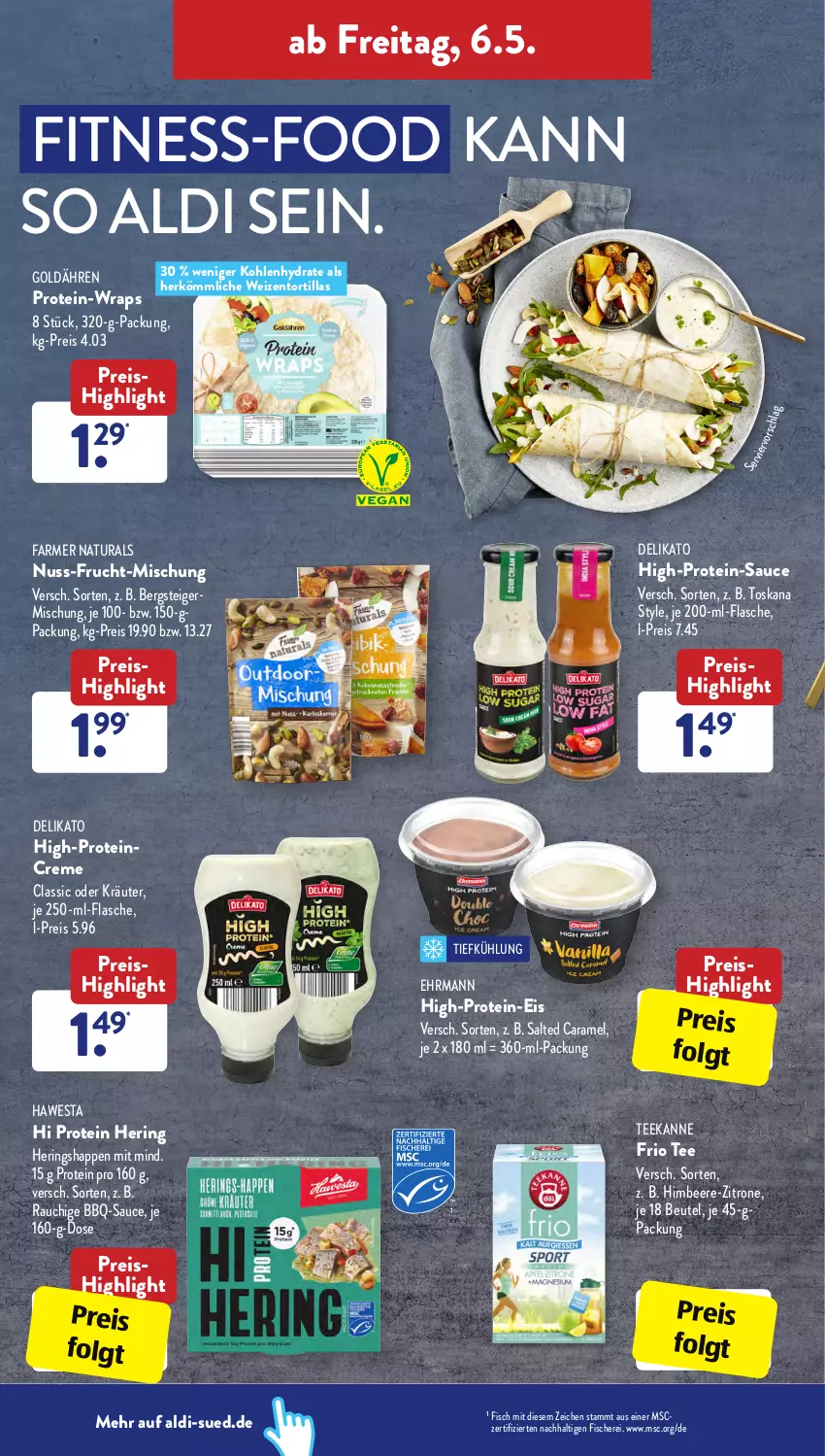 Aktueller Prospekt AldiSud - ALDI Aktuell - von 02.05 bis 05.05.2022 - strona 36 - produkty: aldi, bbq-sauce, beere, beutel, caramel, creme, ehrmann, eis, fisch, fische, Fischer, flasche, frucht, Germ, hawesta, hering, Herings, Heringshappen, himbeer, himbeere, kräuter, LG, natur, natura, nuss, oder kräuter, Rauch, reis, ring, sauce, Schere, tee, teekanne, Ti, tortilla, tortillas, wrap, wraps, zitrone