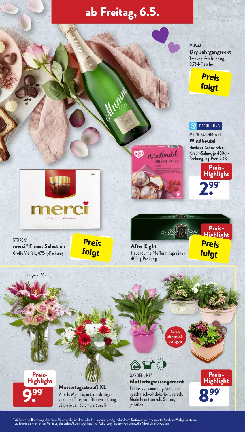 Aktueller Prospekt AldiSud - ALDI Aktuell - von 02.05 bis 05.05.2022 - strona 39 - produkty: after eight, alle artikel ohne dekoration, beutel, bier, blume, blumen, dekoration, dell, eis, elle, flasche, frucht, gardenline®, gin, himbeer, jahrgangssekt, kirsch, kuchen, LG, mac, merci, Mode, mumm, pfeffer, pralinen, reis, sahne, sekt, storck, Ti, Tüte, Windbeutel, ZTE