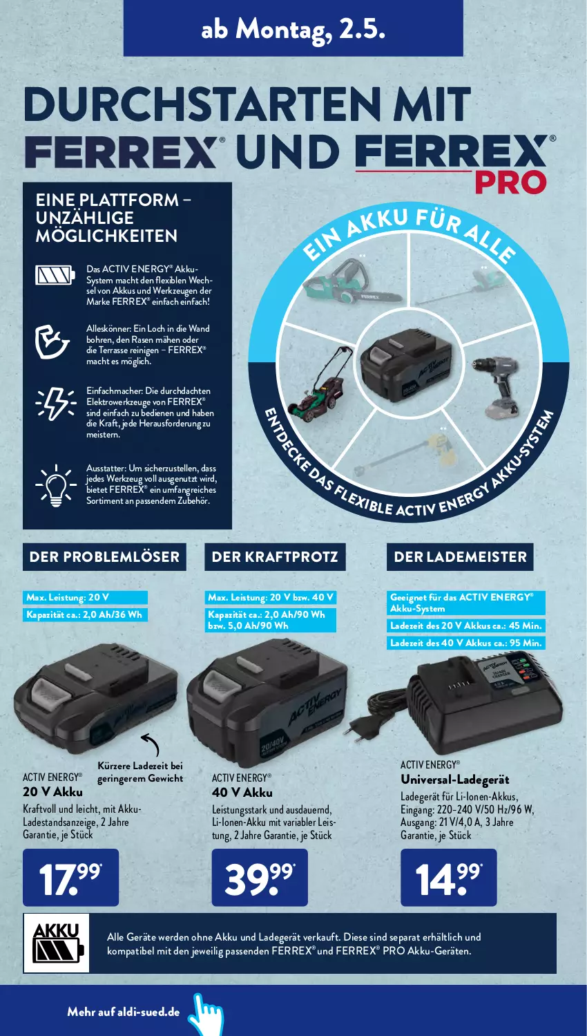 Aktueller Prospekt AldiSud - ALDI Aktuell - von 02.05 bis 05.05.2022 - strona 4 - produkty: akku, aldi, auer, eis, Elektro, elle, erde, ferrex, kraft, ladegerät, mac, Meister, ohne akku und ladegerät, rasen, Ria, ring, Ti, werkzeug, werkzeuge