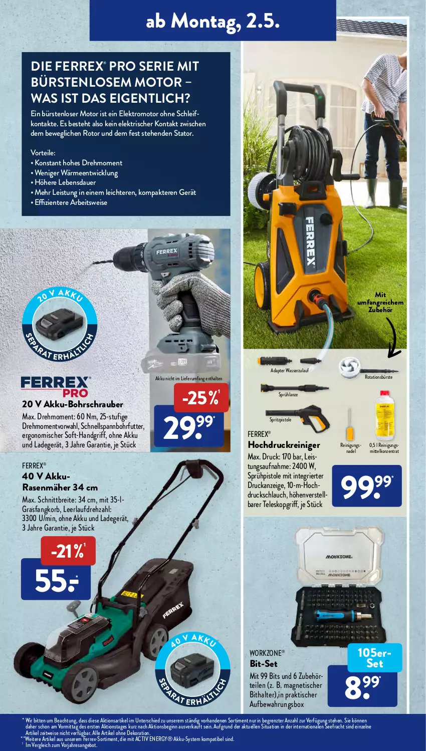 Aktueller Prospekt AldiSud - ALDI Aktuell - von 02.05 bis 05.05.2022 - strona 5 - produkty: adapter, akku, akku-bohrschrauber, alle artikel ohne dekoration, angebot, auer, aufbewahrungsbox, Bohrschrauber, Brei, bürste, bürsten, dekoration, eis, Elektro, elle, ente, ferrex, gin, hochdruckreiniger, HP, korb, ladegerät, LG, ohne akku und ladegerät, rasen, rasenmäher, reiniger, Reinigung, Reinigungsmittel, resa, rum, schlauch, Sprühpistole, Teleskop, Ti, tisch, wasser, WICK, ZTE