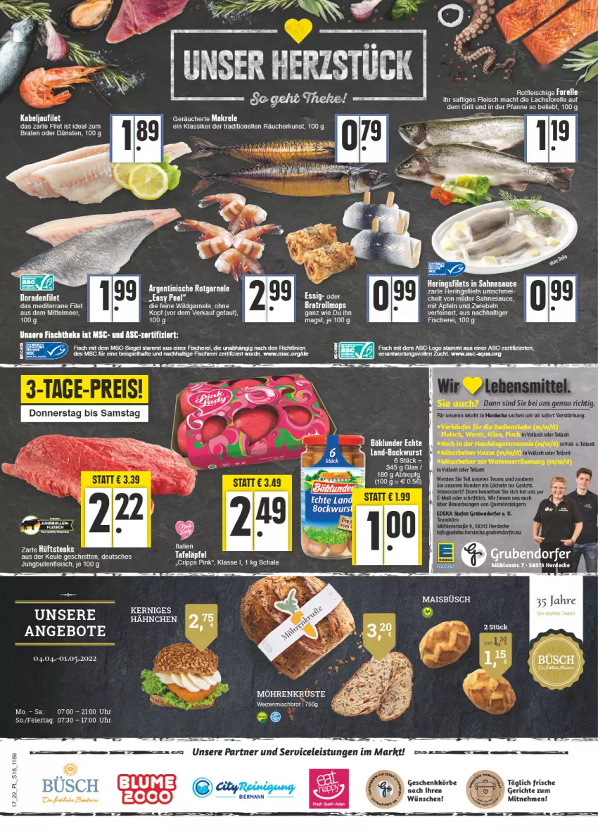 Aktueller Prospekt E Center - Angebote der Woche - von 25.04 bis 30.04.2022 - strona 16 - produkty: angebot, angebote, aqua, braten, brot, decke, eier, eis, elle, ente, erde, essig, filet, filets, fisch, fische, Fischer, fischtheke, fleisch, forelle, grill, hering, Herings, heringsfilets, ideal zum braten, jungbullen, kabeljaufilet, lachs, mac, Makrele, möhren, pfanne, rel, ring, saft, sahne, sauce, Schal, Schale, Schere, schnitten, tee, teller, Ti, uhr, weizenmischbrot, Wild, Zelt, zwiebel, zwiebeln