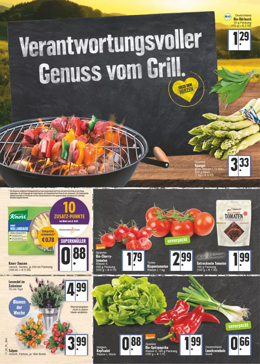 Aktueller Prospekt E Center - Angebote der Woche - von 25.04 bis 30.04.2022 - strona 4 - produkty: angebot, angebotspreis, bio, blume, blumen, eimer, eis, erde, Getrocknete Tomaten, knorr, kopfsalat, Lauchzwiebel, lauchzwiebeln, lavendel, LG, paprika, reis, rispentomaten, salat, sauce, saucen, Spitzpaprika, tomate, tomaten, topf, zwiebel, zwiebeln