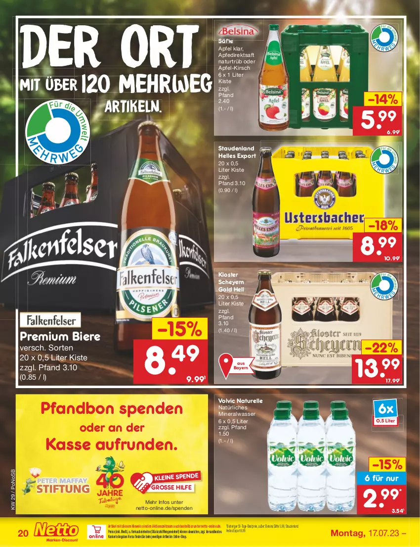 Aktueller Prospekt Netto Marken-Discount - Filial-Angebote - von 17.07 bis 22.07.2023 - strona 20 - produkty: Alwa, apfel, bestpreis, bier, Biere, direktsaft, eis, elle, kirsch, leine, mineralwasser, natur, natürliches mineralwasser, ndk, reis, rel, rwe, saft, säfte, stauden, Ti, volvic, wasser