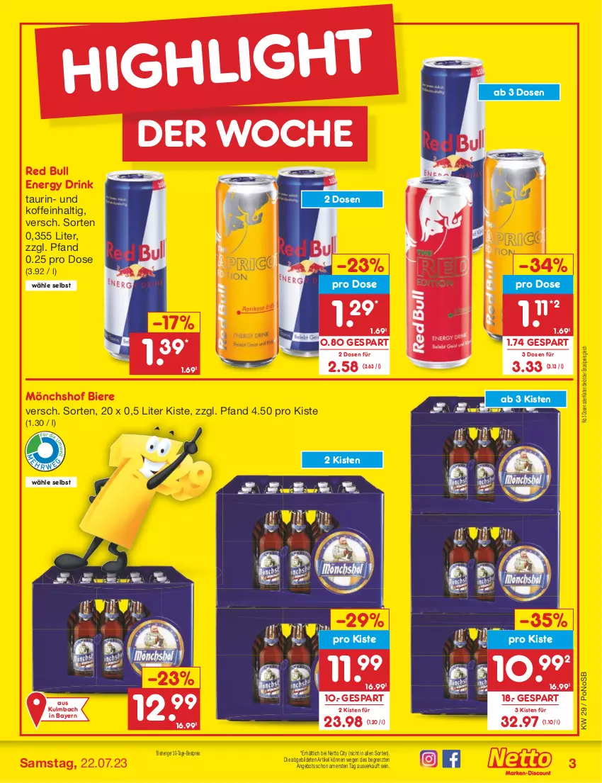 Aktueller Prospekt Netto Marken-Discount - Filial-Angebote - von 17.07 bis 22.07.2023 - strona 3 - produkty: angebot, bestpreis, bier, Biere, drink, eis, energy drink, mönchshof, red bull, reis, Ti, ZTE