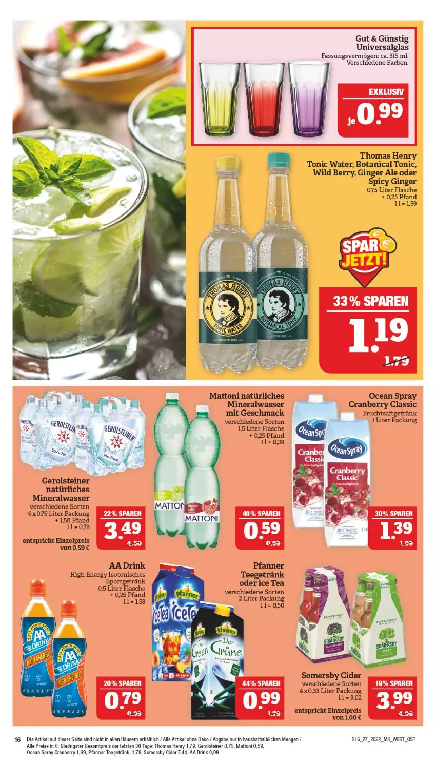 Aktueller Prospekt Marktkauf - Prospekt - von 03.07 bis 09.07.2022 - strona 16 - produkty: Alwa, cider, cranberry, drink, eis, flasche, gerolsteine, gerolsteiner, getränk, gin, ginger, ginger ale, ice tea, LG, mac, pfanne, Pfanner, reis, somersby, steiner, tee, thomas henry, Ti, tonic, tonic water, Wild, wild berry, ZTE