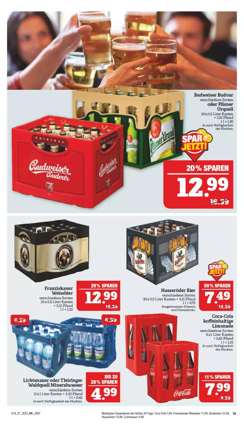 Aktueller Prospekt Marktkauf - Prospekt - von 03.07 bis 09.07.2022 - strona 19 - produkty: Alwa, auer, bier, budweiser, coca-cola, cola, eis, franziskaner, hasseröder, lichtenauer, limo, limonade, mineralwasser, pils, pilsner, pilsner urquell, reis, ring, Ti, wasser, weissbier, ZTE