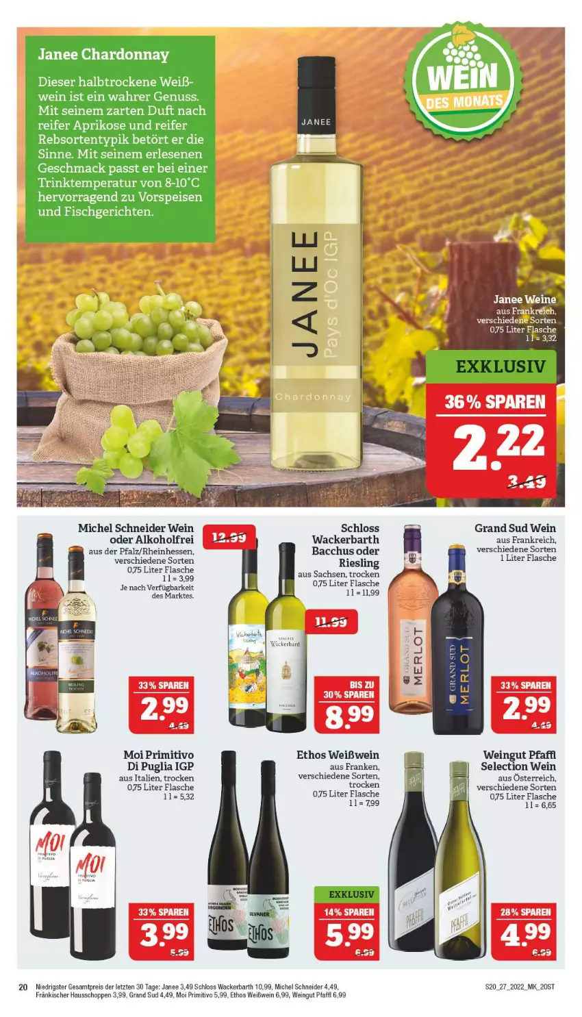 Aktueller Prospekt Marktkauf - Prospekt - von 03.07 bis 09.07.2022 - strona 20 - produkty: ACC, alkohol, aprikose, chardonnay, eis, fisch, flasche, grand sud, mac, Michel Schneider, primitivo, reis, riesling, sac, Ti, vorspeise, wein, Weißwein, ZTE