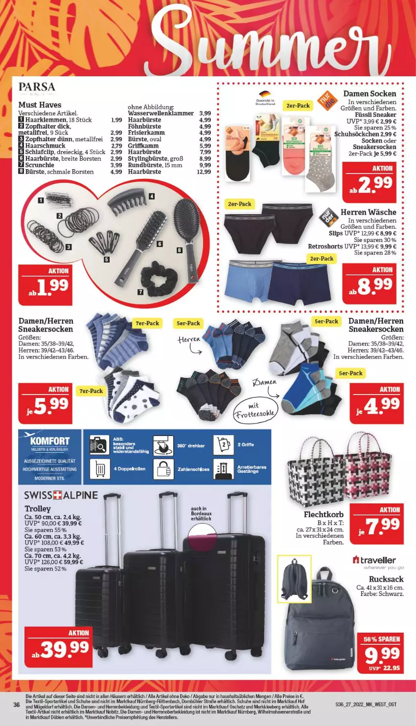 Aktueller Prospekt Marktkauf - Prospekt - von 03.07 bis 09.07.2022 - strona 36 - produkty: Brei, bürste, eis, elle, Haarschmuck, kleid, Kleidung, korb, lamm, Mode, reis, retroshorts, rucksack, Rundbürste, rwe, sac, Schmuck, schuhe, shorts, slip, slips, sneaker, sneakersocken, söckchen, socken, Sport, teller, Ti, trolley, wasser