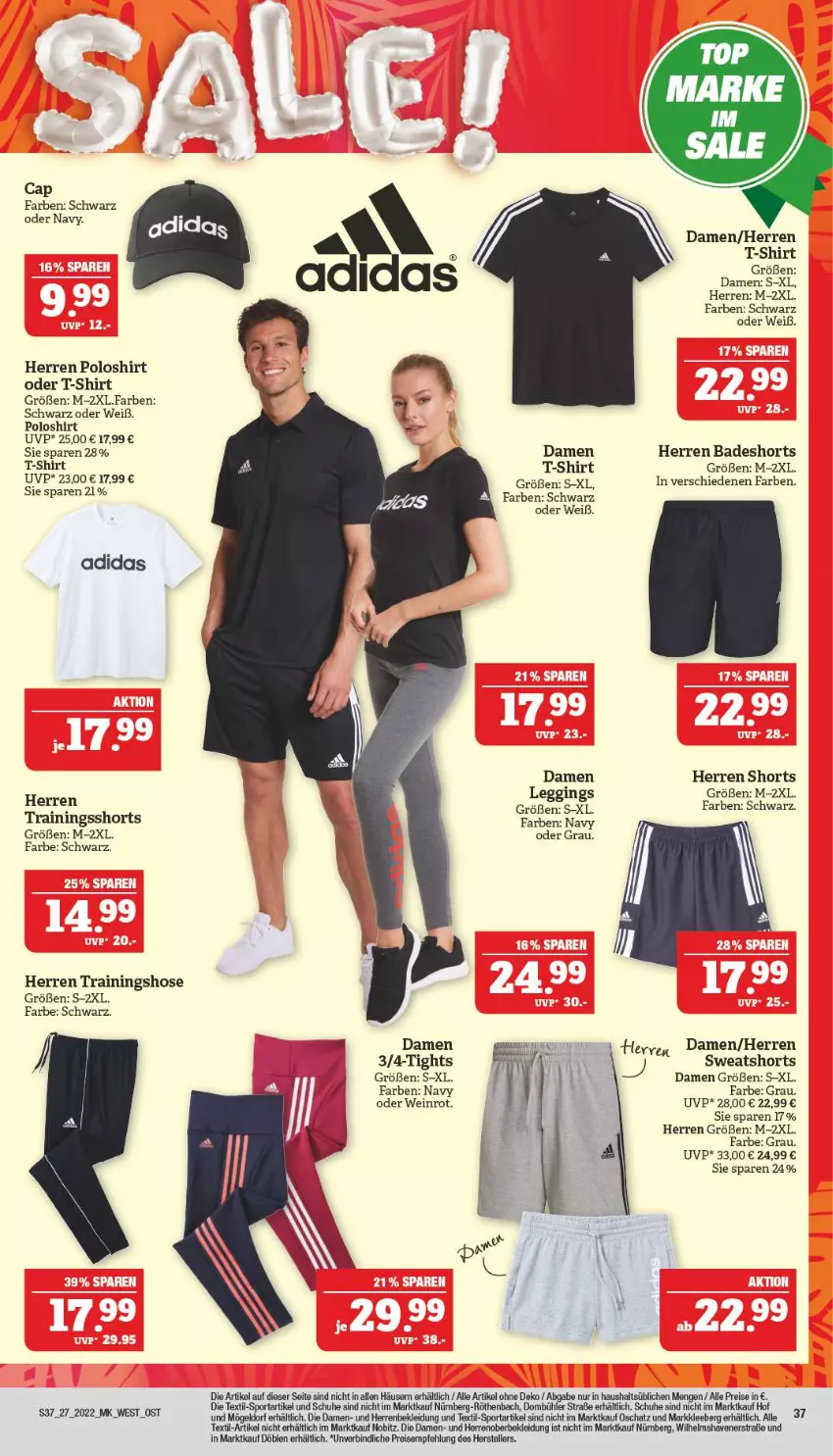 Aktueller Prospekt Marktkauf - Prospekt - von 03.07 bis 09.07.2022 - strona 37 - produkty: Adidas, Bad, badeshorts, Cap, eis, elle, gin, herren badeshort, herren poloshirt, hose, kleid, Kleidung, leggings, poloshirt, reis, schuhe, shirt, shorts, Sport, sweatshorts, T-Shirt, teller, Ti, Trainingshose, wein