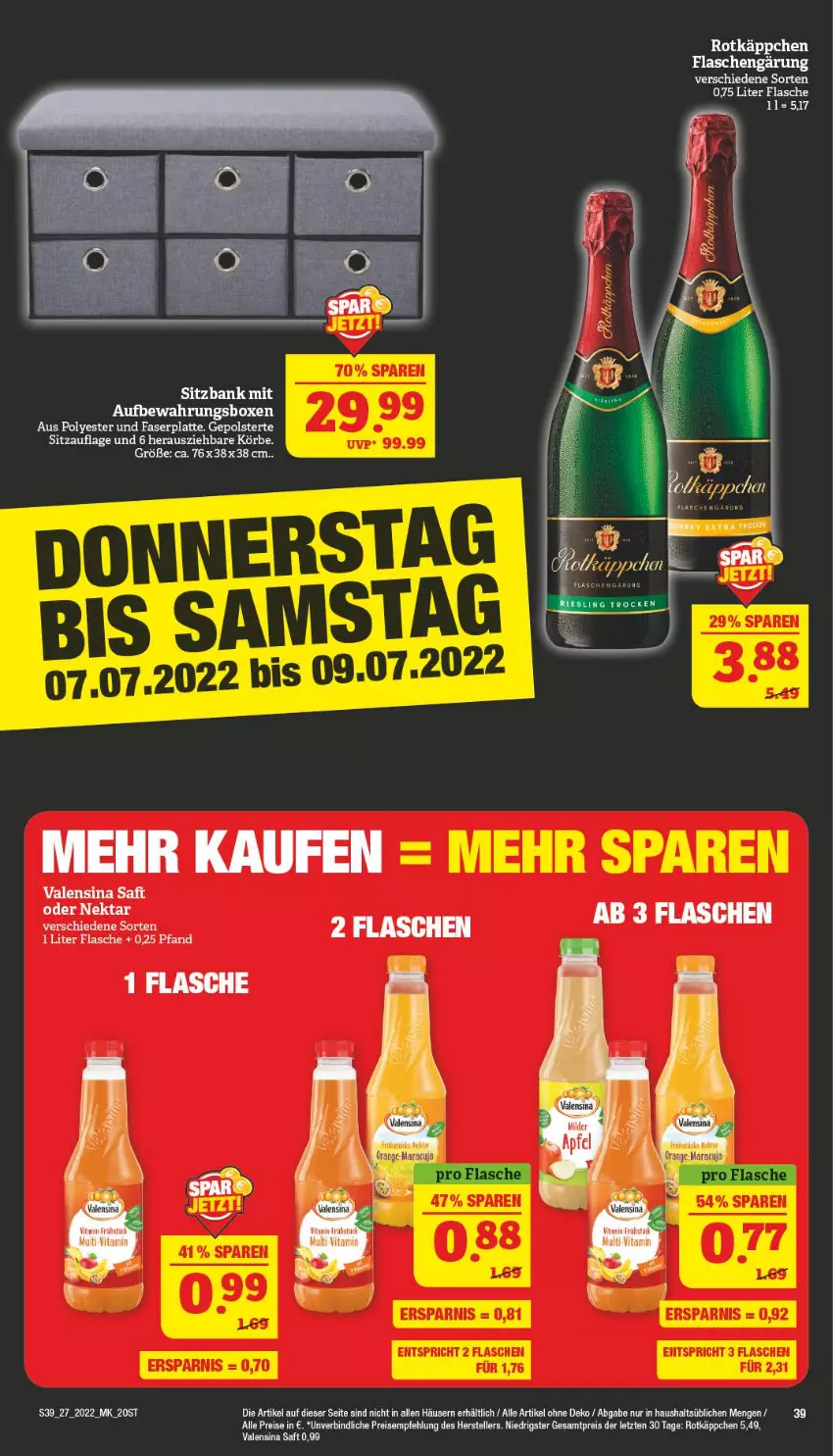 Aktueller Prospekt Marktkauf - Prospekt - von 03.07 bis 09.07.2022 - strona 39 - produkty: aufbewahrungsbox, Bank, eis, elle, flasche, latte, maracuja, Nektar, orange, reis, rotkäppchen, saft, Sitzauflage, sitzbank, teller, Ti, valensina, ZTE