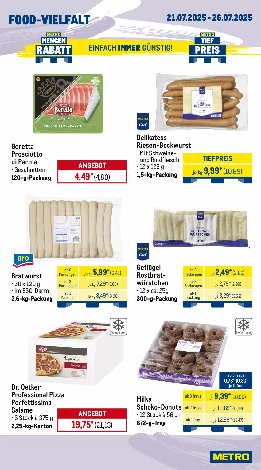 Aktueller Prospekt Metro - Wochen-Angebote - von 21.07 bis 26.07.2025 - strona 10 - produkty: angebot, barbecue, barilla, bockwurst, bratwurst, Donut, donuts, Dr. Oetker, eis, flasche, fleisch, Geflügel, kracher, maoam, meica, milka, pasta, pizza, prosciutto, Prosciutto di Parma, reis, rind, rindfleisch, sauce, saucen, schnitten, schoko, schwein, schweine, sim, Ti, tiefpreis, wein, weine, wurst, würstchen