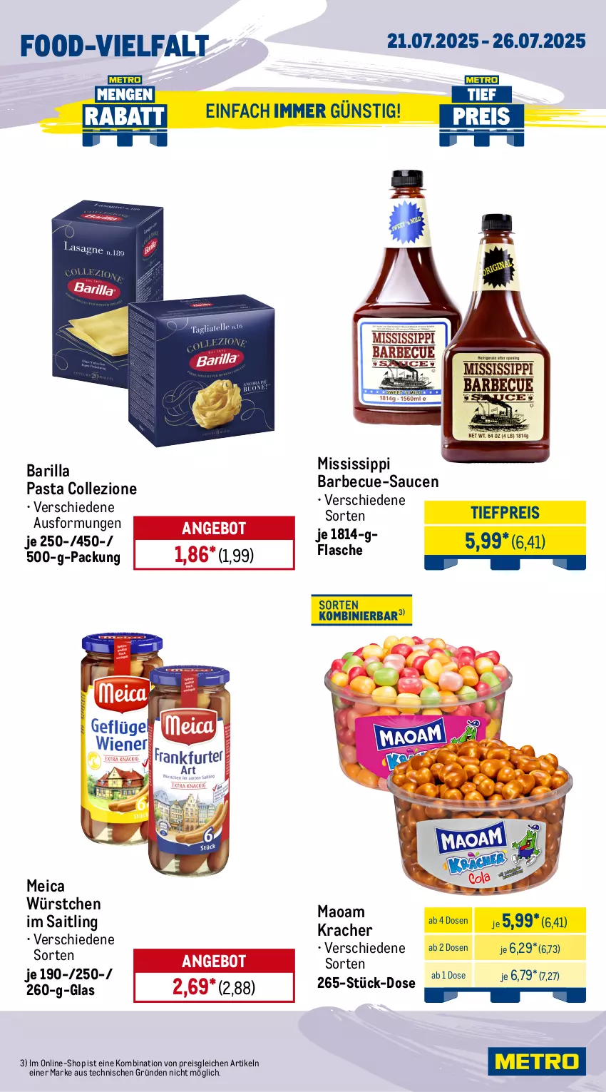 Aktueller Prospekt Metro - Wochen-Angebote - von 21.07 bis 26.07.2025 - strona 11 - produkty: angebot, barbecue, barilla, bockwurst, bratwurst, Donut, donuts, Dr. Oetker, eis, flasche, fleisch, Geflügel, kracher, maoam, meica, milka, pasta, pizza, prosciutto, Prosciutto di Parma, reis, rind, rindfleisch, sauce, saucen, schnitten, schoko, schwein, schweine, sim, Ti, tiefpreis, wein, weine, wurst, würstchen