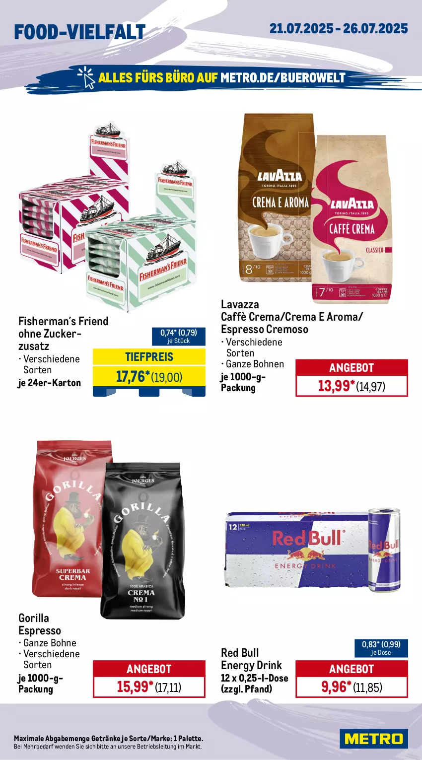 Aktueller Prospekt Metro - Wochen-Angebote - von 21.07 bis 26.07.2025 - strona 12 - produkty: amaro, angebot, aperitivo rosato, bio, bionade, bohne, bohnen, caffè crema, drink, eis, energy drink, espresso, flasche, getränk, getränke, jever, lavazza, Metro, Palette, rama, ramazzott, ramazzotti, red bull, reis, rosato, Ti, tiefpreis, zott, zucker