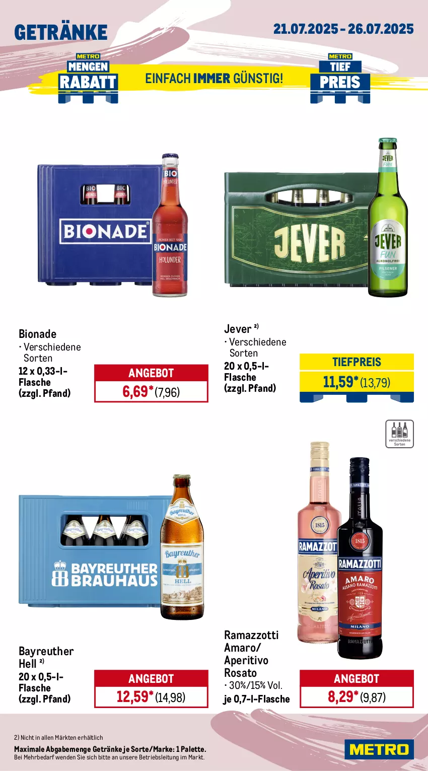Aktueller Prospekt Metro - Wochen-Angebote - von 21.07 bis 26.07.2025 - strona 13 - produkty: amaro, angebot, aperitivo rosato, bio, bionade, bohne, bohnen, caffè crema, drink, eis, energy drink, espresso, flasche, getränk, getränke, jever, lavazza, Metro, Palette, rama, ramazzott, ramazzotti, red bull, reis, rosato, Ti, tiefpreis, zott, zucker