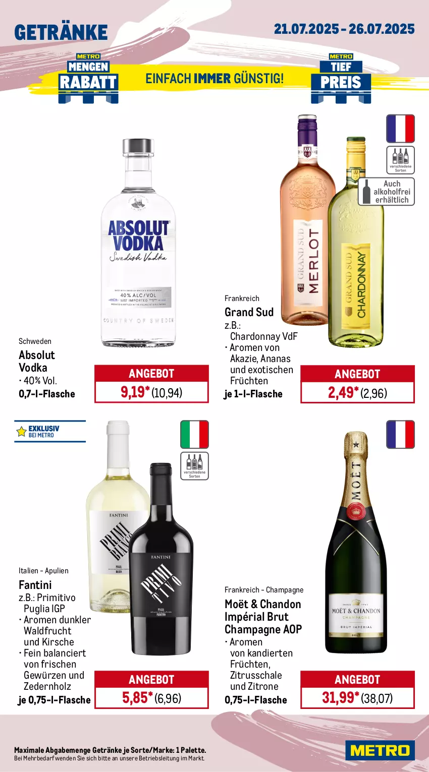 Aktueller Prospekt Metro - Wochen-Angebote - von 21.07 bis 26.07.2025 - strona 14 - produkty: Absolut Vodka, amaro, ananas, angebot, apfel, beere, beeren, bio, Birnen, brut, champagne, chardonnay, eis, Elan, fisch, flasche, frucht, früchte, früchten, getränk, getränke, gewürz, grand sud, grapefruit, grill, grillo, Holz, kirsch, kirsche, Lakritz, Palette, primitivo, Ria, sauvignon, sauvignon blanc, Schal, Schale, sim, Stachelbeeren, Ti, tisch, vodka, wein, zitrone