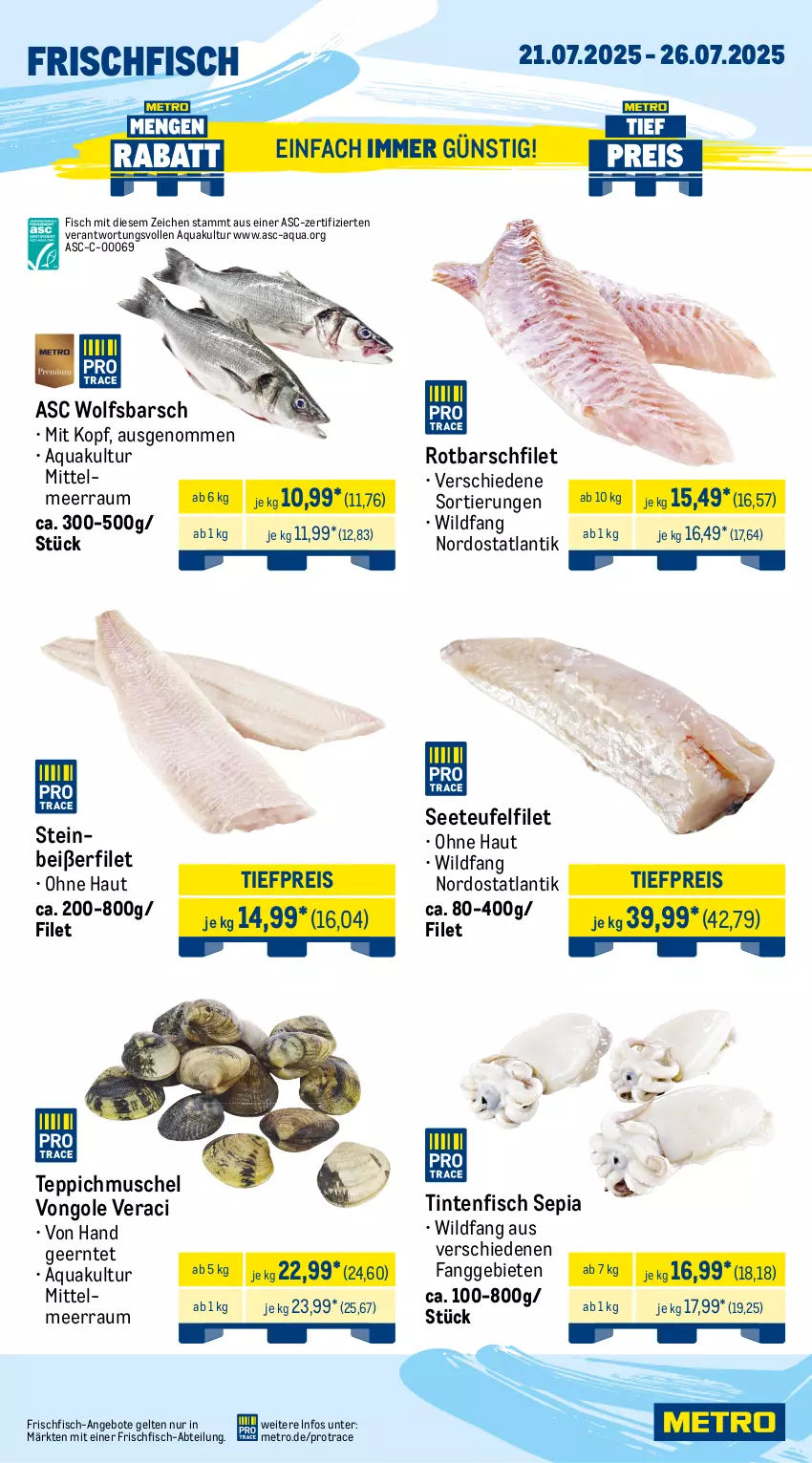 Aktueller Prospekt Metro - Wochen-Angebote - von 21.07 bis 26.07.2025 - strona 5 - produkty: Abtei, angebot, angebote, aqua, beef, burger, eis, filet, fisch, fleisch, frischfisch, Metro, reis, rind, rinder, rinderfilet, roastbeef, Rotbarsch, rotbarschfilet, sim, steak, steakhüfte, Steinbeißer, Steinbeißerfilet, teppich, Ti, tiefpreis, Wild, wolfsbarsch