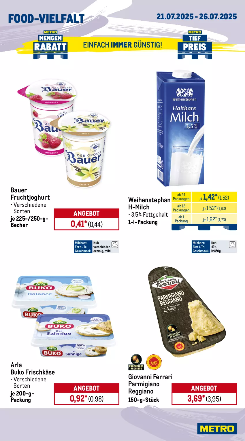 Aktueller Prospekt Metro - Wochen-Angebote - von 21.07 bis 26.07.2025 - strona 9 - produkty: angebot, arla, arla buko, auer, Bau, Bauer, Becher, beutel, blume, blumen, blumenkohl, Buko, cocktail, frischkäse, frucht, fruchtjoghurt, joghur, joghurt, Käse, mac, milch, obst, paprika, paprika mix, parmigiano, parmigiano reggiano, reggiano, rispentomaten, Ti, tomate, tomaten, weihenstephan, zwiebel, zwiebeln