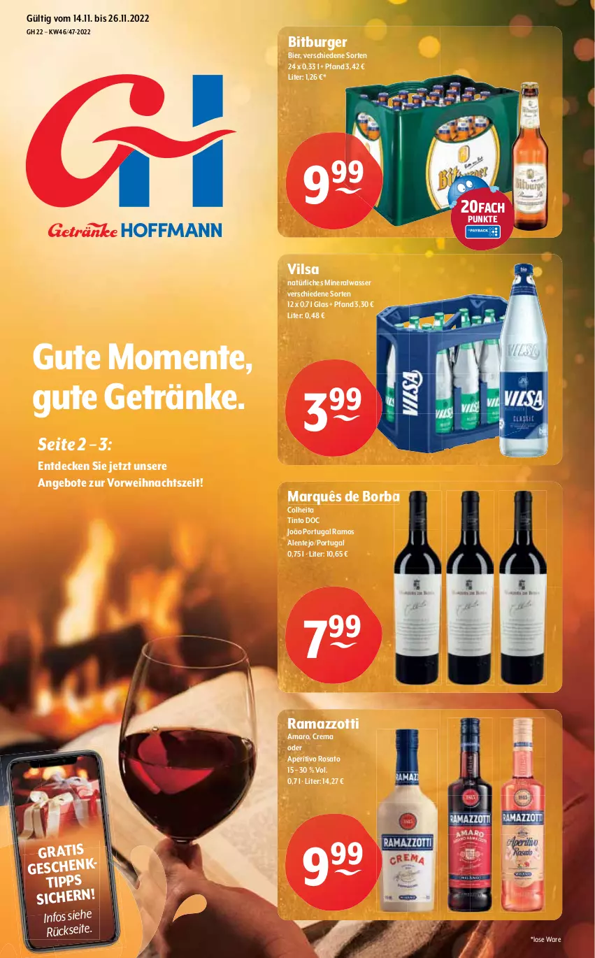 Aktueller Prospekt Getraenke Hoffmann - Prospekte - von 14.11 bis 26.11.2022 - strona 1 - produkty: Alwa, amaro, angebot, angebote, aperitivo rosato, bier, bitburger, burger, decke, ente, getränk, getränke, mineralwasser, natürliches mineralwasser, rama, ramazzott, ramazzotti, rosato, rwe, Ti, vilsa, wasser, zott