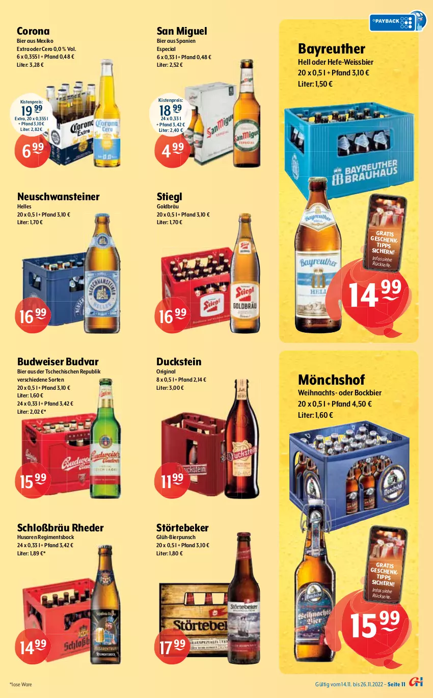 Aktueller Prospekt Getraenke Hoffmann - Prospekte - von 14.11 bis 26.11.2022 - strona 11 - produkty: alkohol, Berger, bier, budweiser, carlsberg, corona, Duck, eis, elle, gin, Hefe, jever, mönchshof, Paula, paulaner, pils, pilsner, radeberger, radeberger pilsner, reis, steiner, Stiegl, Stollen, störtebeker, Ti, warsteiner, weissbier