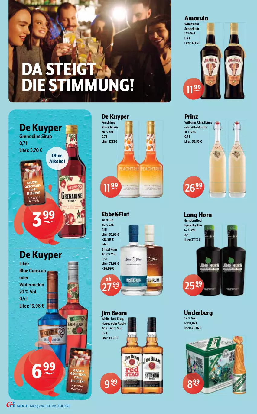 Aktueller Prospekt Getraenke Hoffmann - Prospekte - von 14.11 bis 26.11.2022 - strona 4 - produkty: alkohol, amarula, Apple, aust, cabernet, chardonnay, doppio passo, dry gin, eis, elle, Finish, freixenet, frucht, gin, grill, grillo, jim beam, Kette, likör, mac, merl, merlot, ohne alkohol, passo, pfirsich, primitivo, reis, Ria, ring, rosato, rotwein, rum, sahne, sekt, sirup, Ti, underberg, usb, wein, weine, Wild