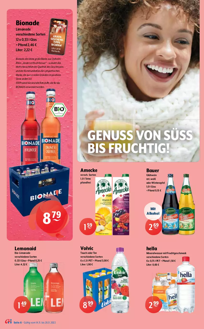 Aktueller Prospekt Getraenke Hoffmann - Prospekte - von 14.11 bis 26.11.2022 - strona 6 - produkty: alkohol, Alwa, amecke, apfel, Apotheke, auer, Bau, Bauer, beere, bio, bionade, Blutorange, BraTee, coca-cola, cola, deit, Elephant Bay, ente, erde, erfrischungsgetränk, frucht, getränk, gin, Glühwein, Happy Day, hella, Heu, Hohes C, ice tea, johannisbeere, leine, LG, limo, limonade, mac, mineralwasser, Mio Mio, mit frucht, nuss, ohne alkohol, orange, pflanze, pflanzen, Rauch, rwe, tee, Ti, volvic, wasser, wein, zitrone