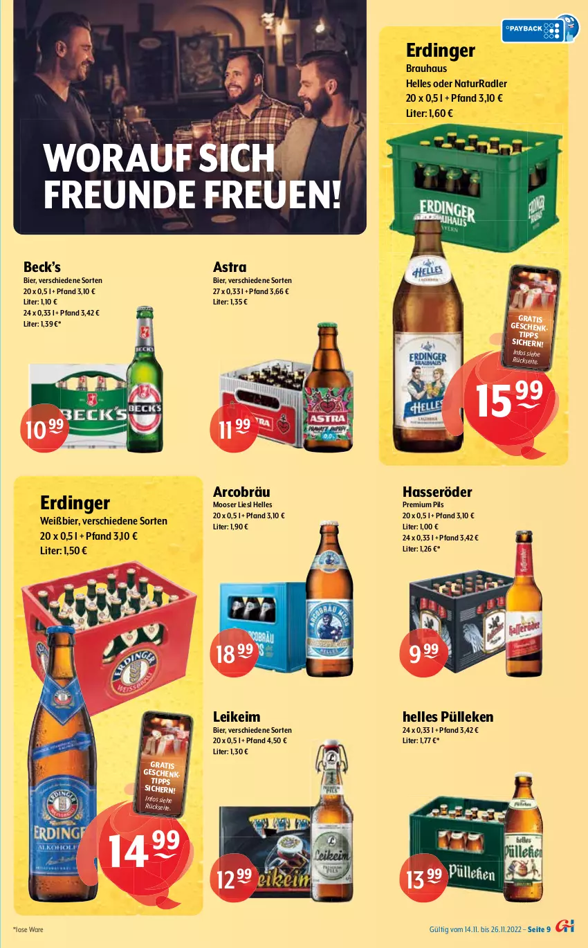 Aktueller Prospekt Getraenke Hoffmann - Prospekte - von 14.11 bis 26.11.2022 - strona 9 - produkty: Alwa, Astra, auer, bier, bio, brunnen, elle, erde, erdinger, gerolsteine, gerolsteiner, hasseröder, kräuter, mineralwasser, natur, naturland, natürliches mineralwasser, pils, premium pils, radler, rel, RhönSprudel, Sprudel, steiner, Ti, vöslauer, wasser