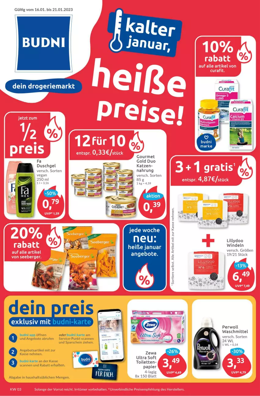 Aktueller Prospekt Budni - Prospekte - von 16.01 bis 21.01.2023 - strona 1 - produkty: angebot, angebote, Brei, Brufen, duschgel, ente, gourmet gold, papier, perwoll, Ti, truthahn, waschmittel, windeln, zewa