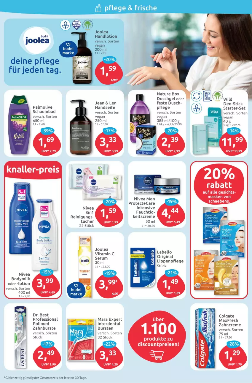 Aktueller Prospekt Budni - Prospekte - von 16.01 bis 21.01.2023 - strona 2 - produkty: Bad, body, body lotion, body milk, Bodymilk, bürste, bürsten, colgate, creme, deo, Dr. Best, duschgel, eis, elle, erde, gin, Handseife, hyaluron, Labello, LG, Lippenpflege, Lotion, natur, nature box, nivea, Nivea Men, olive, palmolive, Reinigung, reis, rum, schaumbad, Seife, Serum, Ti, tuc, Tucher, tücher, vita, Vitamin C, Wild, zahnbürste, zahncreme, ZTE