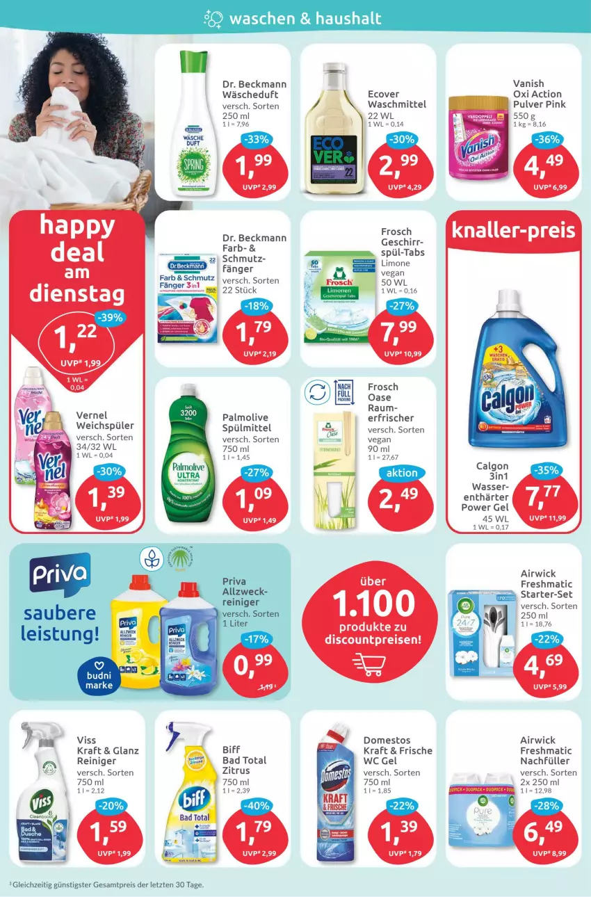 Aktueller Prospekt Budni - Prospekte - von 16.01 bis 21.01.2023 - strona 4 - produkty: airwick, Bad, biff, discount, domestos, Dr. Beckmann, eis, Frosch, geschirr, kraft, limo, limonen, olive, oxi action, palmolive, reiniger, reis, spülmittel, Ti, vanish, vernel, waschmittel, wasser, weck, weichspüler, WICK, ZTE