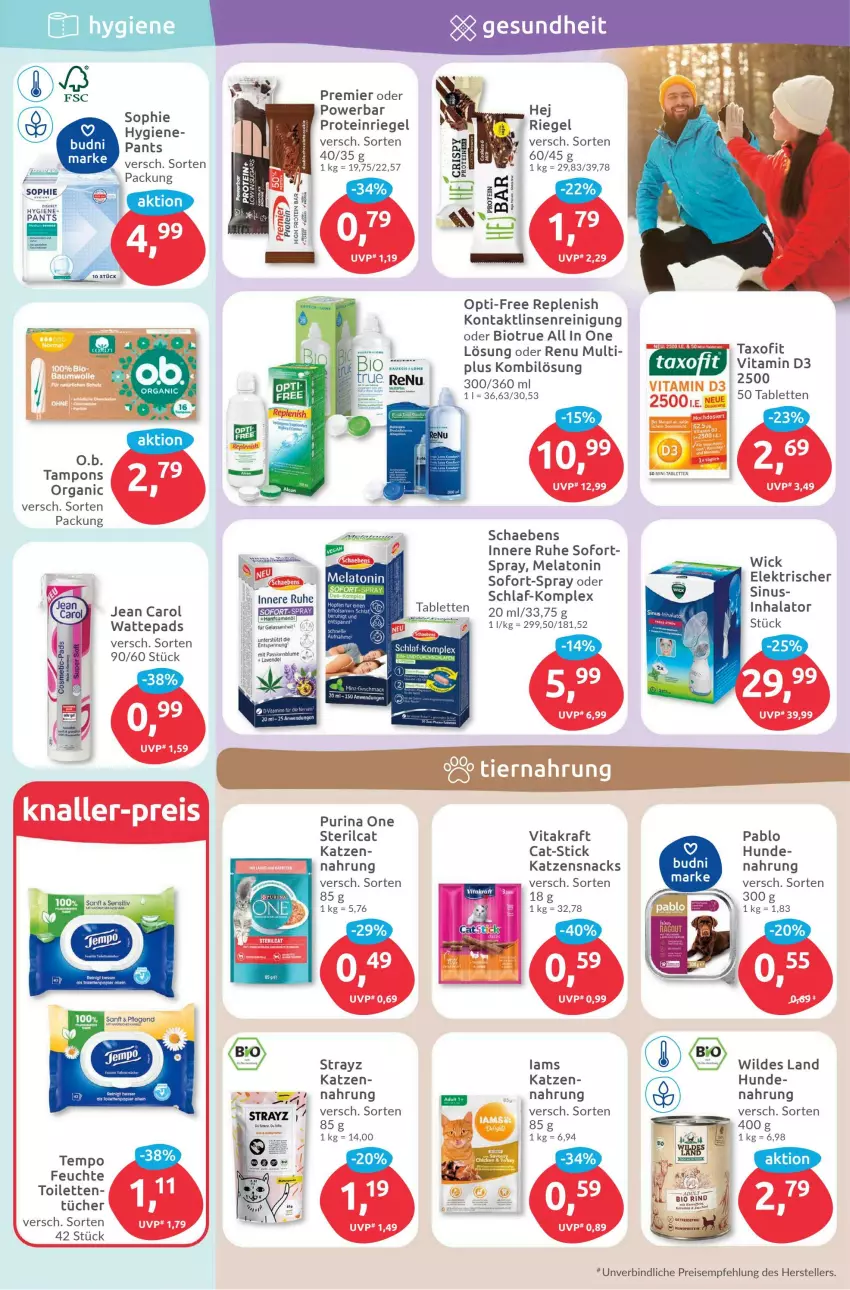 Aktueller Prospekt Budni - Prospekte - von 16.01 bis 21.01.2023 - strona 5 - produkty: Bau, bio, blume, eis, elle, Jean Carol, katzensnack, katzensnacks, kraft, lavendel, linsen, Pants, purina, Reinigung, reis, riegel, rum, Schaebens, snack, snacks, tablet, tablett, Tablette, Tampon, tampons, Taxofit, teller, Tempo, Ti, tücher, varta, vita, vitakraft, Vitamin D, wattepads, WICK, Wild