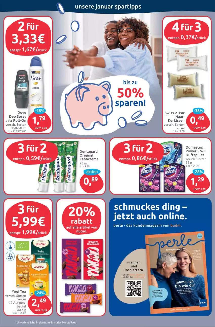 Aktueller Prospekt Budni - Prospekte - von 16.01 bis 21.01.2023 - strona 7 - produkty: beutel, bio, creme, deo, deo spray, domestos, dove, gin, kissen, magazin, mam, roll-on, Schmuck, spartipp, Swiss-o-Par, Ti, Yo, zahncreme