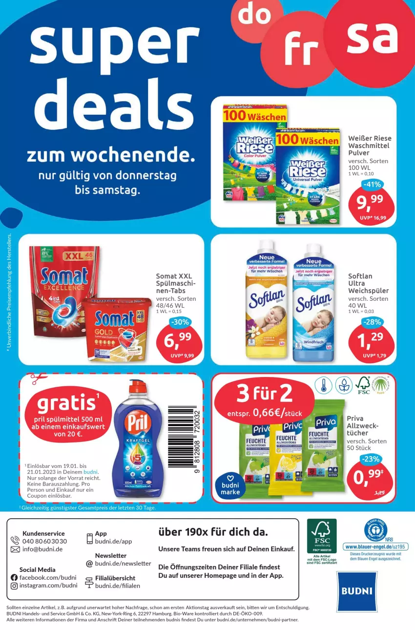 Aktueller Prospekt Budni - Prospekte - von 16.01 bis 21.01.2023 - strona 8 - produkty: auer, bio, coupon, drucker, Engel, kerze, Omep, ring, Softlan, somat, Ti, trolli, tücher, waschmittel, weck, weichspüler, Yo