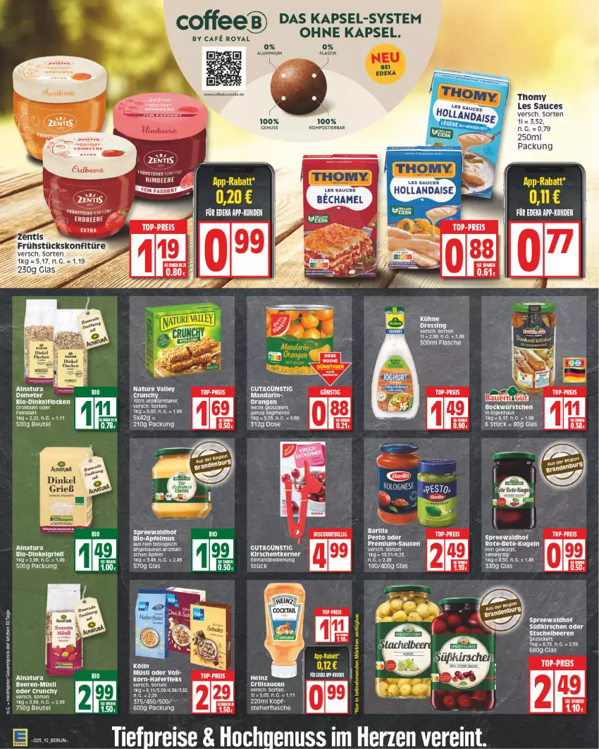 Aktueller Prospekt Edeka - Angebote der Woche - von 12.06 bis 17.06.2023 - strona 12 - produkty: apfel, apfelmus, auer, barilla, Bau, beere, beeren, beutel, bio, eis, ente, erdbeere, flasche, gewürz, grill, grillsauce, hafer, heinz, himbeer, himbeere, hollandaise, konfitüre, korn, Kugel, LG, natur, natura, nuss, orange, orangen, pesto, reis, sauce, saucen, spreewaldhof, Stachelbeeren, Stier, thomy, thomy les sauces, Ti, tiefpreis, top-preis, ZTE, zucker