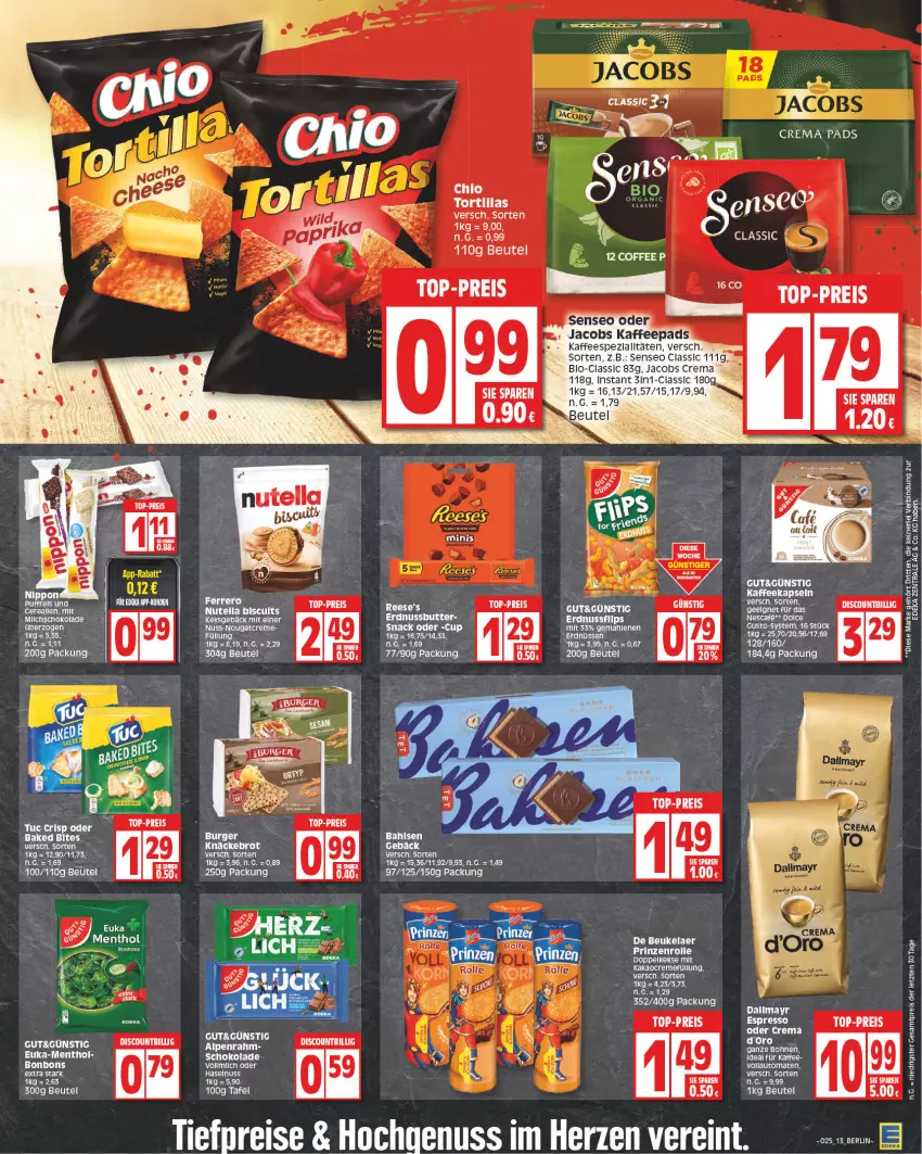 Aktueller Prospekt Edeka - Angebote der Woche - von 12.06 bis 17.06.2023 - strona 13 - produkty: auto, beutel, bites, bonbons, brot, butter, crema pads, creme, dallmayr, de beukelaer, discount, eis, elle, ente, erdnuss, Erdnussbutter, espresso, jacobs, Jacobs Crema, kaffee, kaffeekapseln, kaffeepads, knäckebrot, LG, Nougatcreme, nuss, reis, schoko, schokolade, senseo, snack, Ti, tiefpreis, tomate, tomaten, top-preis, tortilla, tortillas, vollautomaten