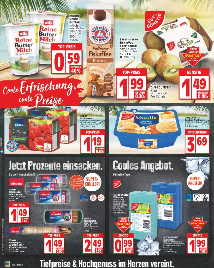 Aktueller Prospekt Edeka - Angebote der Woche - von 12.06 bis 17.06.2023 - strona 2 - produkty: akku, bärenmarke, Becher, beutel, bourbon, butter, eis, eiskaffee, frischhaltefolie, kaffee, kakao, kiwi, kühlakku, kühlakkus, kühlbox, kühltasche, müllbeutel, nuss, reis, Schal, Schale, Tasche, taschen, tee, Ti, tiefpreis, vileda, ZTE, zucker