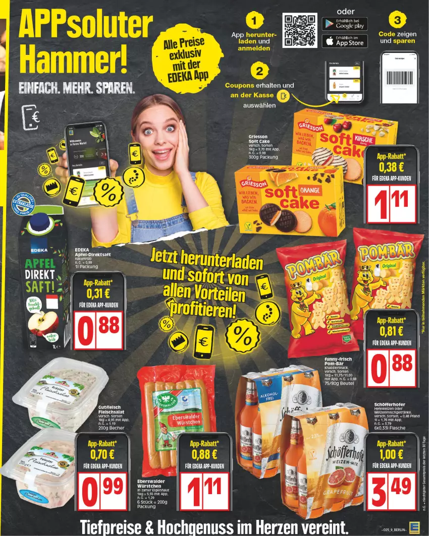 Aktueller Prospekt Edeka - Angebote der Woche - von 12.06 bis 17.06.2023 - strona 9 - produkty: apfel, Becher, beutel, deka, direktsaft, eis, flasche, fleisch, fleischsalat, funny-frisch, getränk, getränke, google play, griesson, gutfleisch, Hefe, KnabberSnack, nuss, pom-bär, reis, saft, salat, schöfferhofer, snack, Ti, tiefpreis, würstchen, ZTE