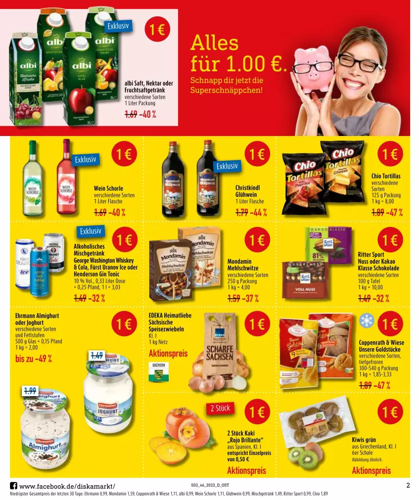 Aktueller Prospekt Diska - Prospekte - von 14.11 bis 19.11.2022 - strona 2 - produkty: alkohol, almighur, almighurt, cola, coppenrath, deka, ehrmann, ehrmann almighurt, eis, enders, flasche, frucht, fruchtsaft, fruchtsaftgetränk, getränk, gin, Glühwein, Goldstücke, joghur, joghurt, kakao, Kaki, kiwi, mehl, mondamin, Nektar, nuss, reis, ritter, ritter sport, saft, Schal, Schale, schoko, schokolade, schorle, Speisezwiebeln, Sport, tee, Ti, tonic, tortilla, tortillas, wein, whiskey, ZTE, zwiebel, zwiebeln