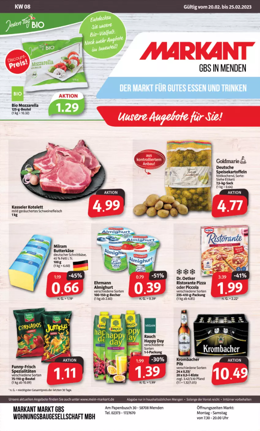 Aktueller Prospekt Markant - Prospekte - von 20.02 bis 25.02.2023 - strona 1 - produkty: almighur, almighurt, angebot, angebote, Bau, beutel, bio, cola, deutscher schnittkäse, Dr. Oetker, ehrmann, eis, elle, fleisch, gutes essen, Käse, kasseler, kotelett, milram, mozzarella, pizza, Rauch, reis, rel, ristorante, ristorante pizza, schnittkäse, schwein, schweine, schweinefleisch, Ti, uhr, wein, weine, ZTE